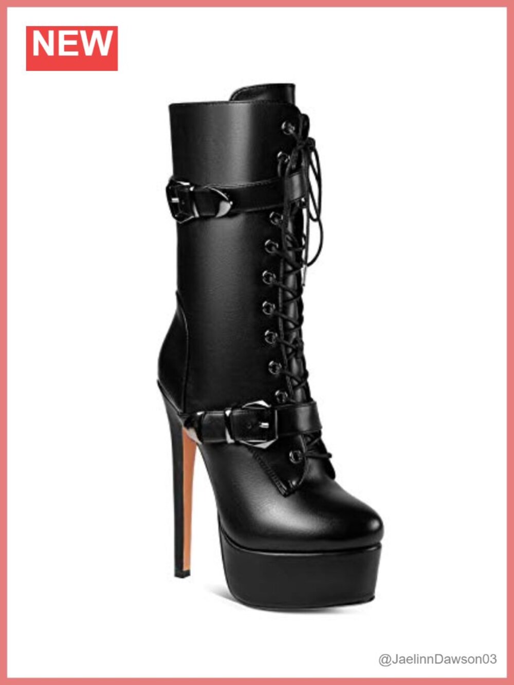 Faux Leather Lace Up Stiletto Platform Heel Boots Mid-Calf